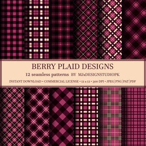 Może przedstawiać: Kolekcja 12 bezszwowych wzorów cyfrowych z motywami kraty w odcieniach ciemnego magenty, czerni i kremu. Tekst głosi BERRY PLAID DESIGNS, 12 seamless patterns BY MJxDESIGNSTUDIOPK, INSTANT DOWNLOAD, COMMERCIAL LICENSE, 12 x 12, 300 DPI, JPEG, PNG, PAT, PDF.