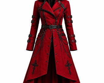 Cappotto gotico rosso con cappuccio e catene, giacca asimmetrica steampunk per cosplay.