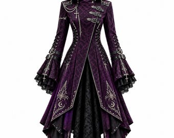 Cappotto trench gotico viola da donna con cappuccio, abito da strega vittoriana, costume cosplay