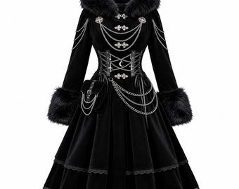 Cappotto invernale nero con cappuccio Gothic Haven, con bordo in pelliccia sintetica, silhouette svasata e cintura.