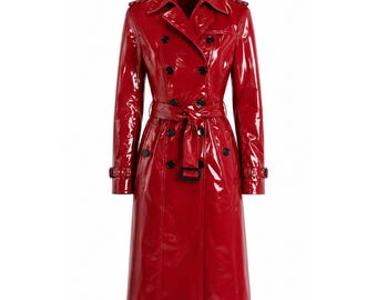 Trench coat in similpelle PVC rossa, cappotto lungo in vinile lucido stile Matrix