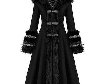 Abrigo largo gótico negro para mujer, con capucha de piel sintética, estilo victoriano alternativo de invierno, moda oscura.