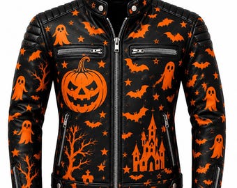 Giacca di pelle di Halloween, cappotto da motociclista gotico con zucca, giacca coordinata spettrale per coppie, uomo e donna