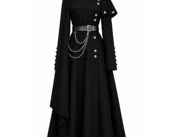 Abito militare gotico nero con cintura e catene, abito lungo steampunk vittoriano