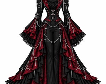 Cappotto lungo gotico rosso da donna, abito vittoriano, costume da vampiro per cosplay.