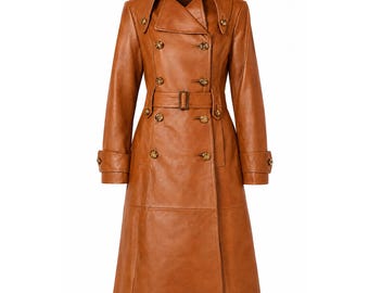 Trench da donna in pelle marrone, cappotto lungo con cintura, capospalla vintage a doppio petto