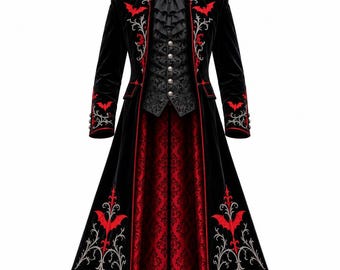 Cappotto lungo da uomo gotico da vampiro con ricamo di pipistrello rosso, frac vittoriano steampunk