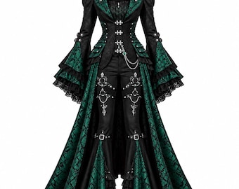 Cappotto gotico da donna, giacca vittoriana steampunk verde, corsetto, costume cosplay