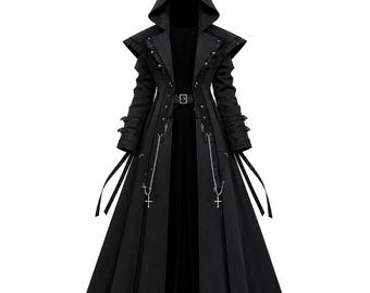 Cappotto gotico nero con cappuccio, stile medievale fantasy steampunk alternativo, cosplay da donna