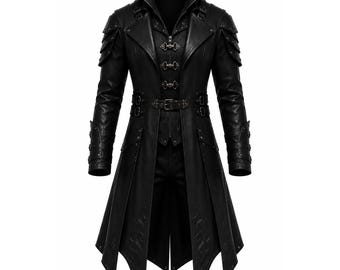Cappotto lungo in pelle gotica da uomo, giacca trench nera, costume da motociclista steampunk