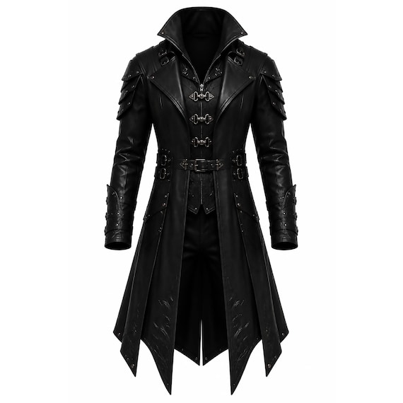 Men's Gothic Leather Coat Long Black Trench Jacket Steampunk Biker Costume