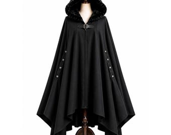 Mantello gotico nero con cappuccio, mantello da strega medievale, costume fantasy integrale per Halloween