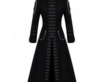 Cappotto lungo militare gotico da donna, cappotto steampunk vittoriano nero, capospalla alternativo con collo alto