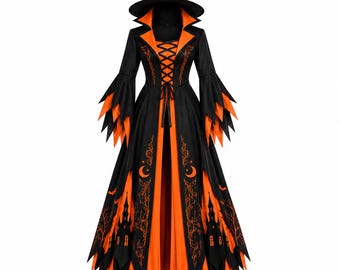 Abito da strega gotico da donna, casa infestata spettrale, cappello a punta arancione e nero, costume