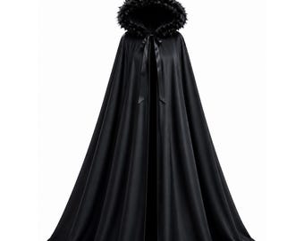 Mantello gotico nero con cappuccio, mantello da strega medievale, costume fantasy integrale per Halloween