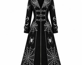 Cappotto gotico a ragnatela da donna, cappotto lungo vittoriano nero, capospalla da strega per Halloween