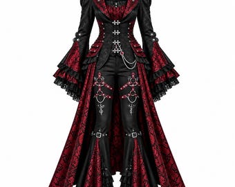 Trench gotico da donna, giacca vittoriana steampunk bordeaux, corsetto, costume cosplay