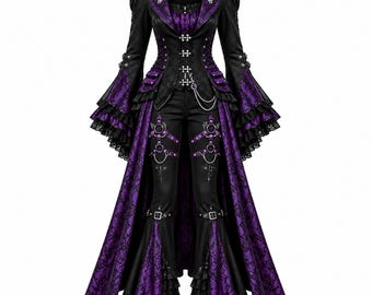 Cappotto gotico da donna, giacca vittoriana steampunk viola, corsetto, costume cosplay