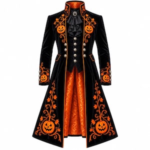 Könnte beinhalten: Ein schwarzer Gehrock aus Samt mit orangefarbenen Kürbisstickereien und Rankenmustern. Der Mantel hat einen Stehkragen, ein schwarzes Rüschen-Jabot, silberfarbene Knöpfe und ein leuchtend orangefarbenes Innenfutter mit Muster.