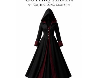 Cappotto invernale nero con cappuccio Gothic Haven, con bordo in pelliccia sintetica, silhouette svasata e cintura.