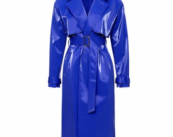 Trench coat in similpelle PVC blu, cappotto lungo in vinile lucido stile Matrix