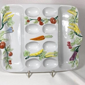 Vintage Italian Deviled Egg & Relish Serving Platter Hand Painted Ceramic 12 x 9 inches.