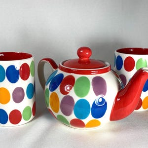 Whittard of Chelsea Polka Dots Tea Pot with Two Mugs Painted Ceramic, Vintage.