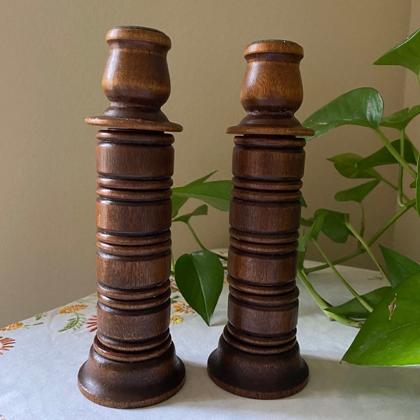 Vintage 70’s Wood-turned Candlesticks~ Amazing 4-in-1 adjustable features to delight your dinner guests; 3 candlesticks plus 8 napkin rings.