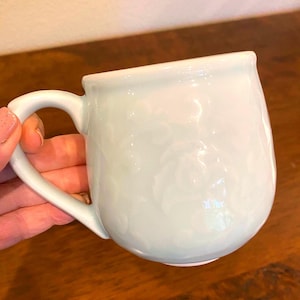 Set of 8 Vintage Celadon Ceramic Coffee Mugs: Thick Embossed Floral Cups