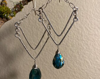 Double Victory-earrings wire-wrapped Labradorite stones swing on Fine Silver double V’s, w/SterlingSilver chain & handmade artisan earwires.