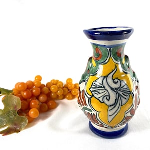 May include: A hand-painted ceramic vase with a yellow, blue, green, and red floral design. The vase has a blue base and rim, and two small handles. A bunch of orange grapes with green leaves is next to the vase.