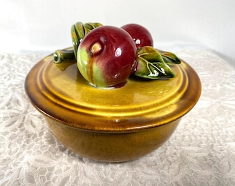 Vintage Majolica Golden Brown Pottery Covered Bowl with Red Apples, 6” Diameter.