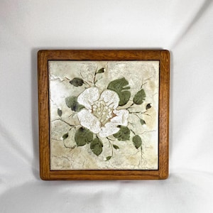 Vintage Magnolia Ceramic Tile Trivet: Handmade Oak Frame, 80s Decor image 1