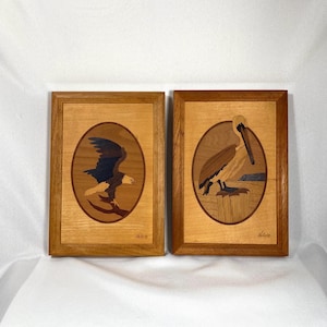 Marquetry Wood Inlay Art: Eagle and Pelican, Framed Diptych