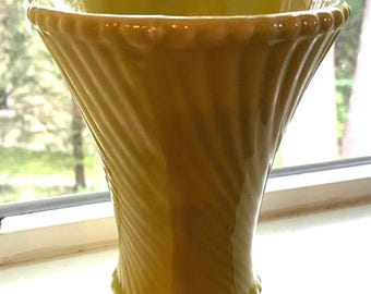 Vintage McCoy USA Chartreuse Green swirl vase with trumpet pedestal base small 6” 1940s.