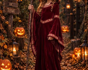 Burgundy Medieval Witch Dress, Hooded Bell Sleeves, Fantasy Cosplay Robe
