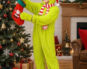 Kids Green Christmas Monster Costume, Plush Jumpsuit Set with Accessories