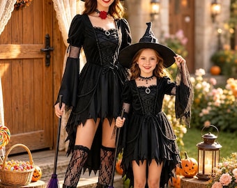 Costume de sorcière gothique pour femmes et enfants, robe d'Halloween, look assorti pour toute la famille