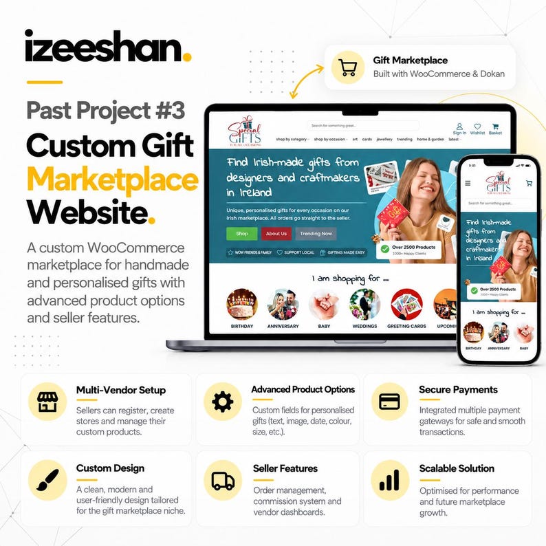 May include: A digital display showing a custom gift marketplace website on a laptop and smartphone. The interface features categories, search bars, and product listings. Text includes 'izeeshan', 'Past Project #3', and 'Custom Gift Marketplace Website'.