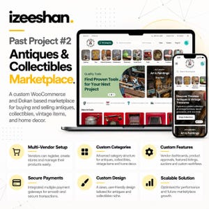 May include: A digital display showing a custom WooCommerce and Dokan marketplace for antiques and collectibles. The screen features a laptop and smartphone interface with categories, product listings, and icons for multi-vendor setup and payments.