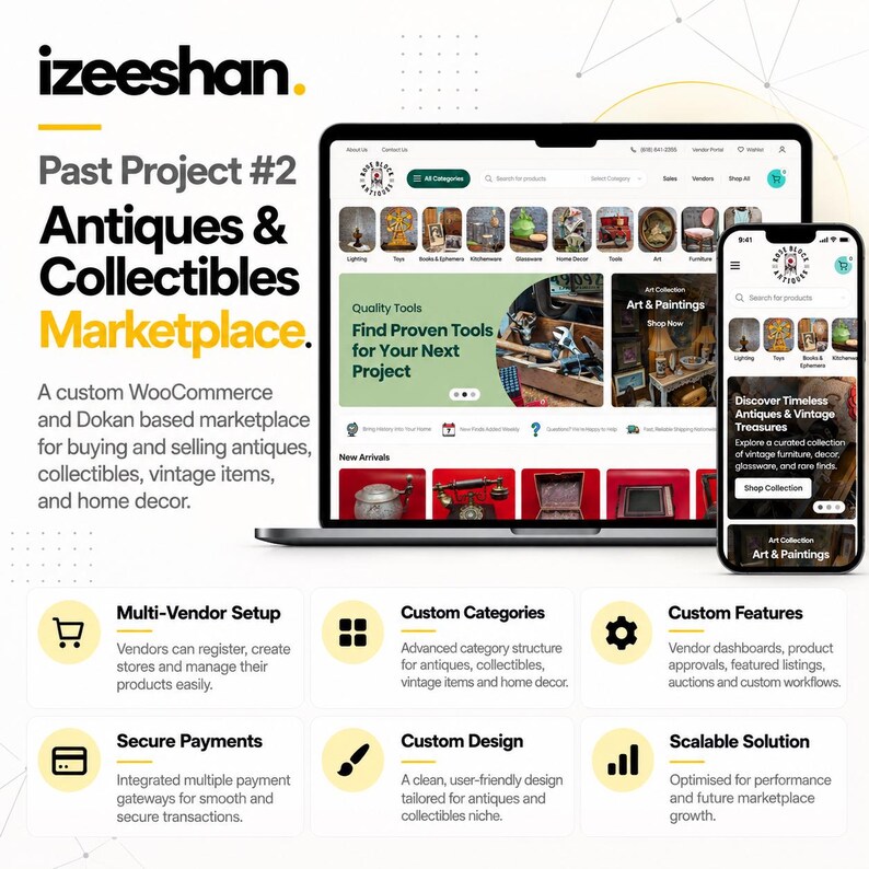 May include: A digital display showing a custom WooCommerce and Dokan marketplace for antiques and collectibles. The screen features a laptop and smartphone interface with categories, product listings, and icons for multi-vendor setup and payments.