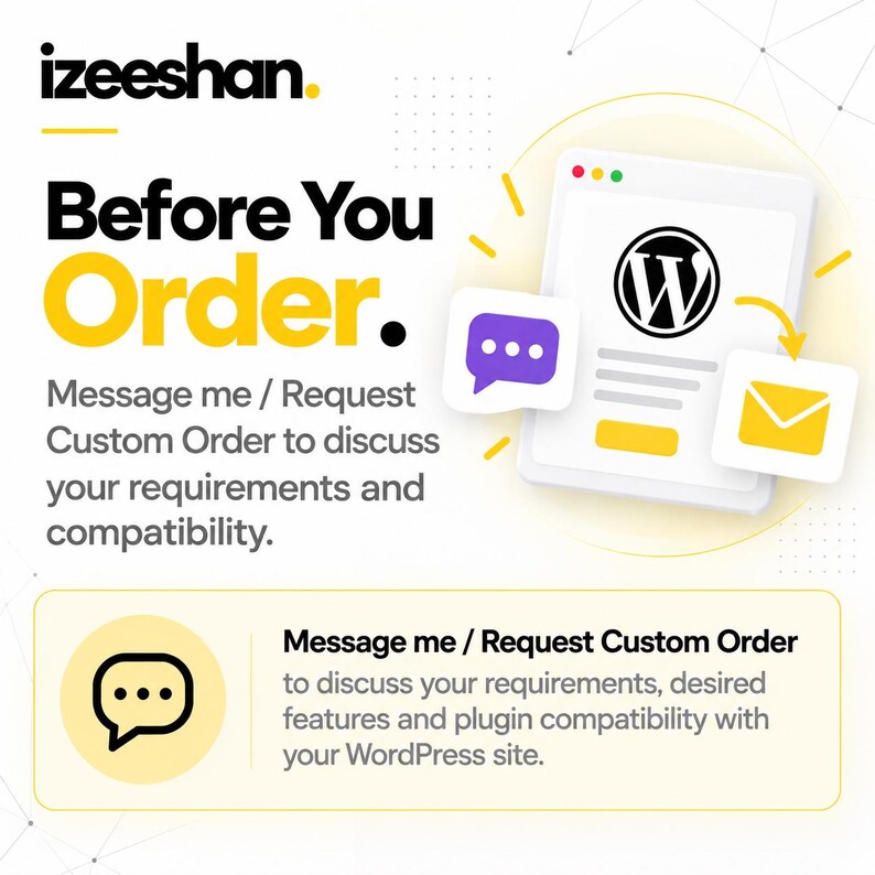 May include: A digital graphic featuring the text 'izeeshan', 'Before You Order', and 'Message me / Request Custom Order to discuss your requirements and compatibility'. It includes a WordPress logo, a purple speech bubble, and a yellow envelope icon.