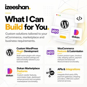 May include: An informational graphic titled What I Can Build for You by izeeshan. It lists services including custom WordPress plugin development, WooCommerce features and customization, Dokan marketplace features, and APIs and integrations.