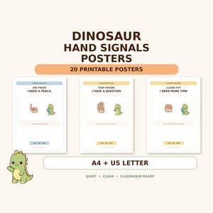 Puede incluir: Un conjunto de 20 pósteres imprimibles de señales manuales de dinosaurios en tamaños A4 y carta de EE. UU. Los pósteres muestran ilustraciones de gestos con las manos y un dinosaurio verde con el texto DINOSAUR HAND SIGNALS POSTERS, ONE FINGER I NEED A PENCIL, FOUR FINGERS I HAVE A QUESTION y CLOSED FIST I NEED MORE TIME.