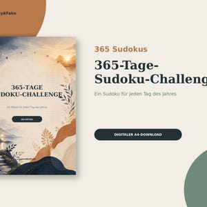 Puede incluir: Una descarga digital A4 que presenta una portada de libro 365-Tage-Sudoku-Challenge. La portada muestra una ilustración de paisaje con montañas, un lago y un camino, con el texto 365-TAGE SUDOKU-CHALLENGE, Ein Rätsel für jeden Tag des Jahres y 365 RÄTSEL.