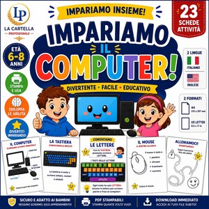 Könnte beinhalten: Ein pädagogisches Aktivitätsset mit dem Titel IMPARIAMO IL COMPUTER, das 23 druckbare Blätter für Kinder im Alter von 6-8 Jahren enthält. Das Cover zeigt einen Jungen und ein Mädchen mit Computer, Tastatur und Maus. A4 und US Letter Formate.
