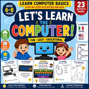 Può includere: Un libro di attività educativo digitale intitolato Let's Learn the Computer per bambini dai 6 agli 8 anni. Include 23 pagine in formato A4 e 8,5 x 11 pollici, coprendo le basi dell'informatica in inglese e italiano con illustrazioni.