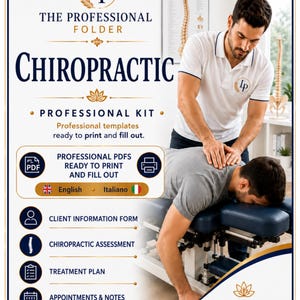 Könnte beinhalten: Ein chiropraktisches Profi-Set mit druckbaren PDF-Vorlagen. Der Text enthält The Professional Folder, Chiropractic, Professional Kit, Professional PDFs Ready to Print and Fill Out, English, Italiano, Client Information Form, Chiropractic Assessment, Treatment Plan, Appointments & Notes, Professional Series, Tools for professionals, Quality, Organization, Professionalism.