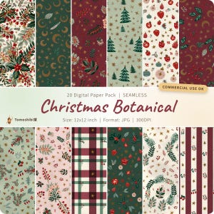 以下が含まれることがあります： クリスマスボタニカルをテーマにした20種類のシームレスパターンを含むデジタルペーパーパック。ヒイラギ、モミの木、オーナメント、星、チェック柄が赤、緑、クリーム色で描かれています。テキストには「20 Digital Paper Pack」「Christmas Botanical」と記載されています。