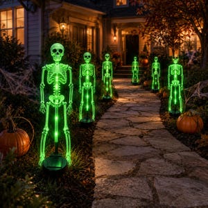 May include: A series of glowing neon green skeleton figures standing upright on circular bases along a stone walkway. Each skeleton features a vertical row of bright green LED lights integrated into the spine and ribcage area, creating a luminous effect.